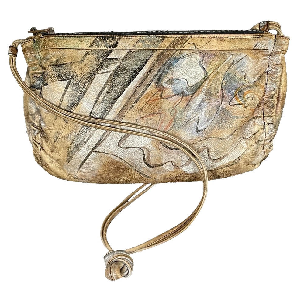 Jane Yoo Hand Painted Leather Shoulder Crossbody Bag Metallic Earthy Art to Wear